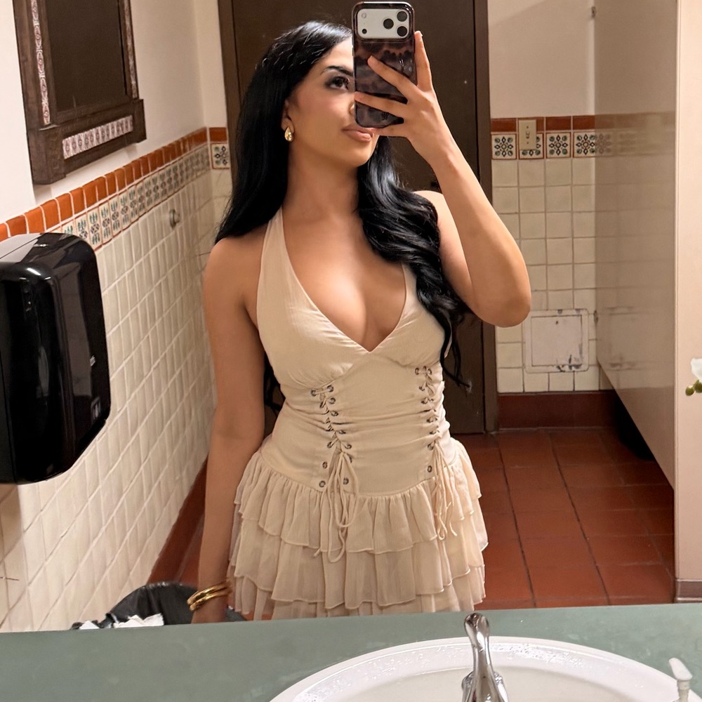 Windsor Beige Halter Ruffled Mini Dress
